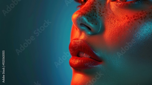 Close-up of a woman’s freckled face illuminated by colorful lighting in a studio setting during a photoshoot