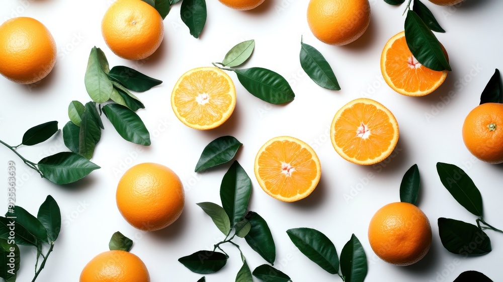 Oranges of various shapes and cuts are arranged aesthetically with fresh green leaves, creating a colorful and refreshing composition Oranges of various shapes and cuts are arranged aesthetically with fresh green leaves, creating a colorful and refreshing composition
