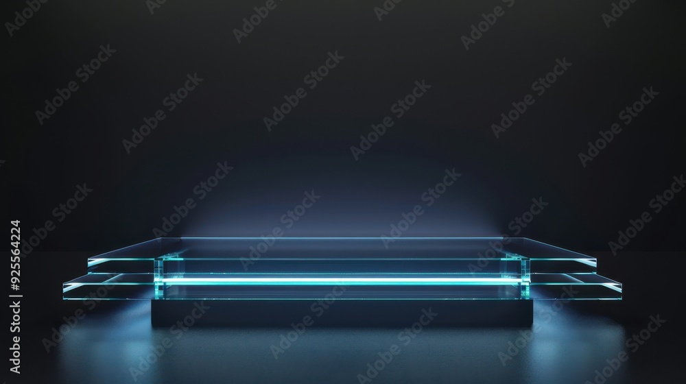 Empty glowing podium illuminated by blue light in a dark studio. Futuristic display platform for product presentation or advertisement. Empty glowing podium illuminated by blue light in a dark studio. Futuristic display platform for product presentation or advertisement.