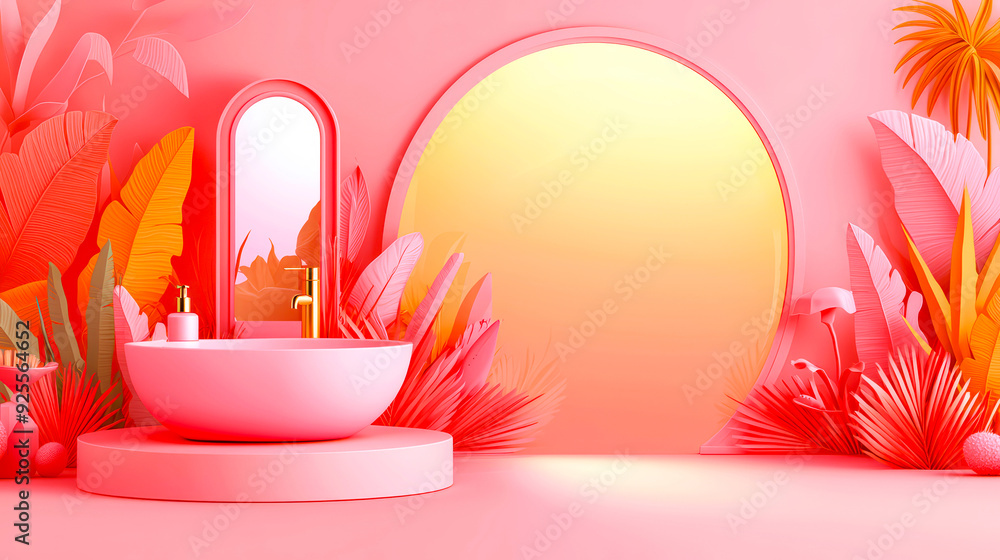 A vibrant pink bathroom scene featuring a stylish basin, mirror, and tropical leaves, creating a fresh and modern ambiance. A vibrant pink bathroom scene featuring a stylish basin, mirror, and tropical leaves, creating a fresh and modern ambiance.