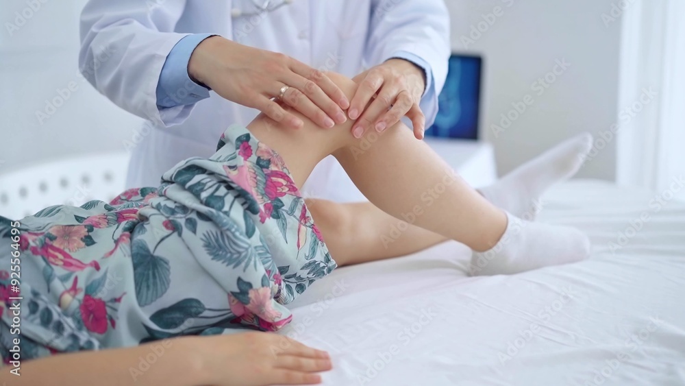 Doctor and kid patient. Orthopedist examining girl's knee in medical clinic. Medicine and health care Doctor and kid patient. Orthopedist examining girl's knee in medical clinic. Medicine and health care