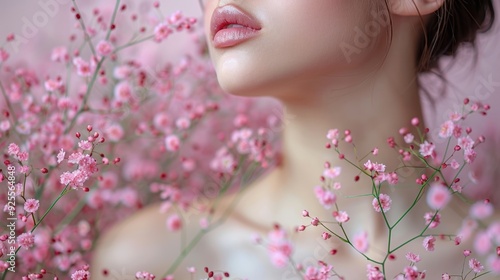 A woman surrounded by delicate pink flowers in a soft, dreamy setting