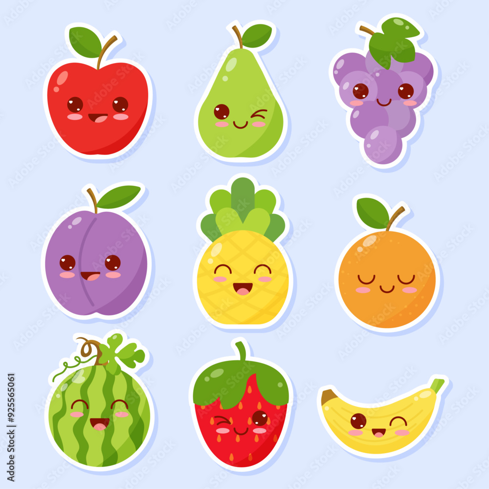 A set of fruit stickers with kawaii eyes in a flat style. A set of fruit stickers with kawaii eyes in a flat style.