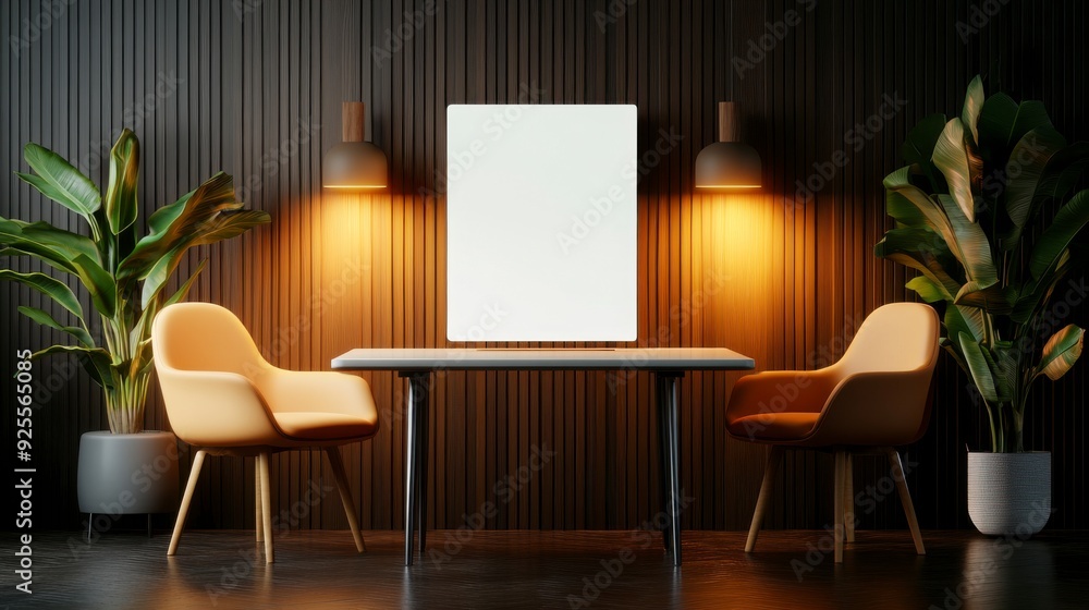 Fototapeta premium Minimalist Interior Elegance Modern table and chairs with plants and blank frame, Cozy Living Space.
