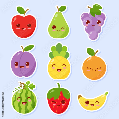 A set of fruit stickers with kawaii eyes in a flat style.