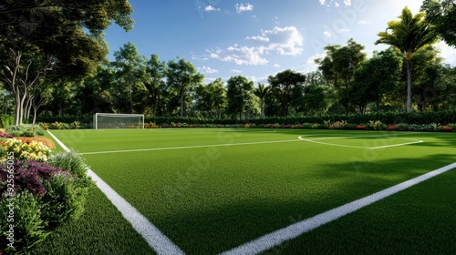 Scenic Soccer Field Lush green soccer field surrounded by trees and flowers, Peaceful Outdoor Space.