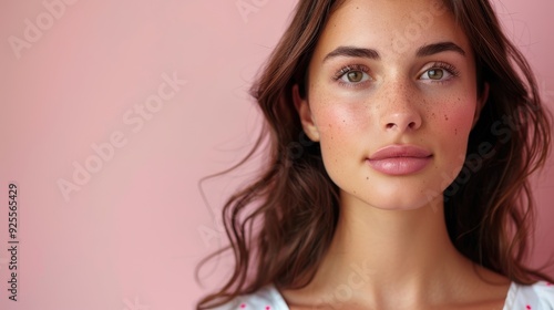 Young woman with natural beauty poses against a pastel pink background in soft lighting