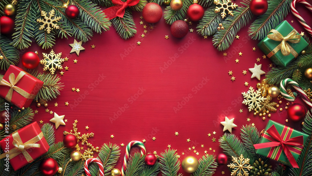Christmas decoration on red wooden background. Top view with copy space. Christmas decoration on red wooden background. Top view with copy space.