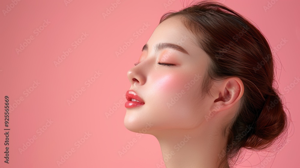 Young woman with a serene expression showcasing natural beauty against a soft pink background Young woman with a serene expression showcasing natural beauty against a soft pink background