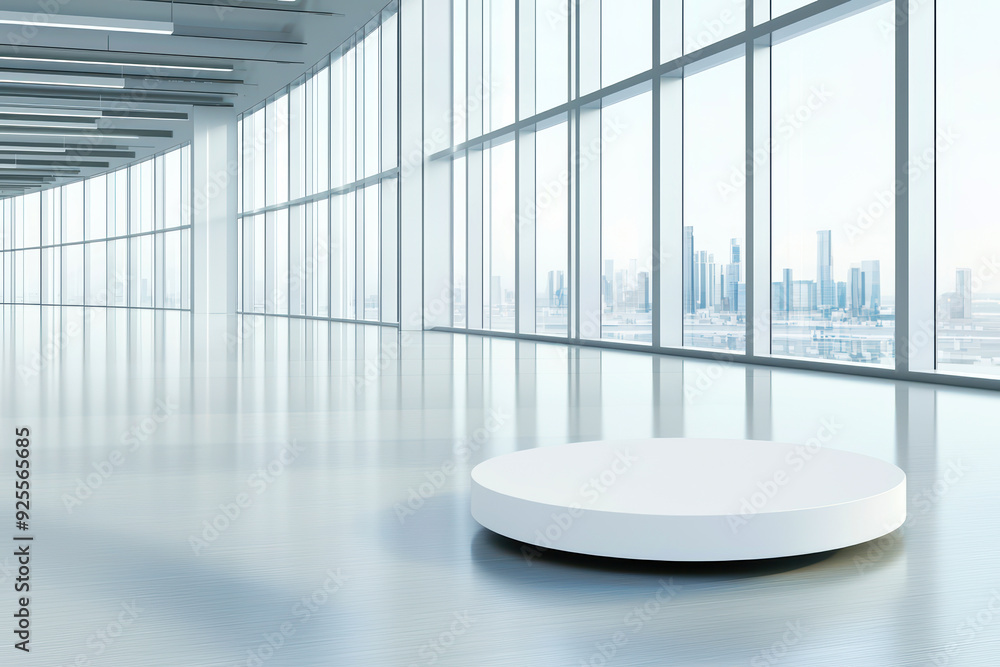 Bright and spacious interior with large windows and a minimalistic stage for presentations or events.