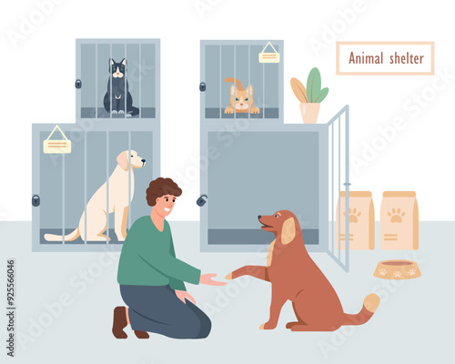 Dog adoption concept. Man taking dog from Animal shelter. Caged dogs and cats waiting for adoption. Charity, love, volunteering help concept. Vector illustration.