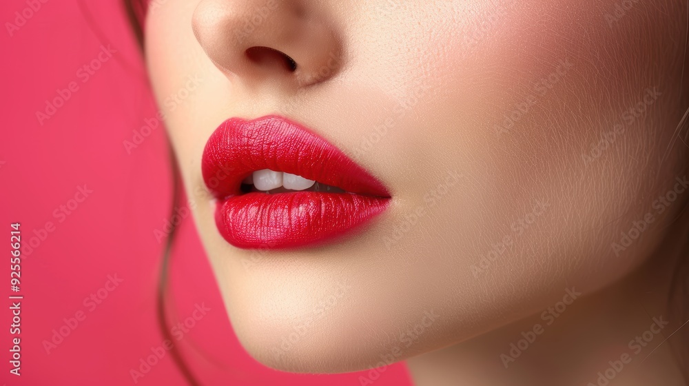 Close-up of a model's lips with vibrant red lipstick against a pink background Close-up of a model's lips with vibrant red lipstick against a pink background
