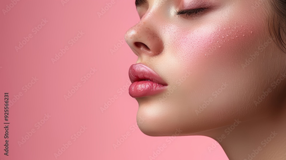Close-up of a woman's side profile showcasing glowing skin and delicate makeup against a soft pink background Close-up of a woman's side profile showcasing glowing skin and delicate makeup against a soft pink background