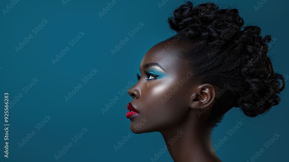 Fototapeta premium Portrait of a woman with striking makeup and elegant hairstyle against a blue background