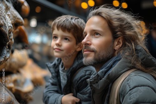 A father and son admire a large sculpture in an art gallery on a cloudy afternoon