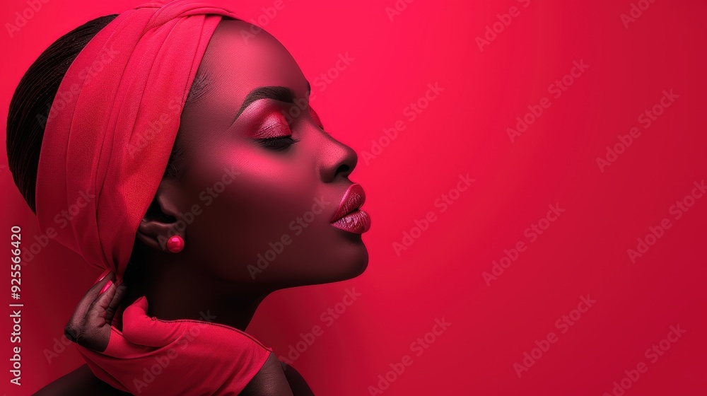 Fototapeta premium Elegant woman with a red headscarf posing against a vibrant red background in a studio setting