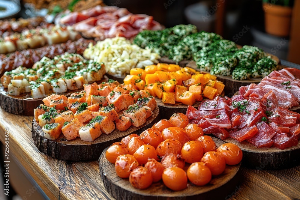 Fototapeta premium mouthwatering display of colorful basque pinchos and tapas artfully arranged on rustic wooden boards showcasing the rich culinary traditions of san sebastian spain