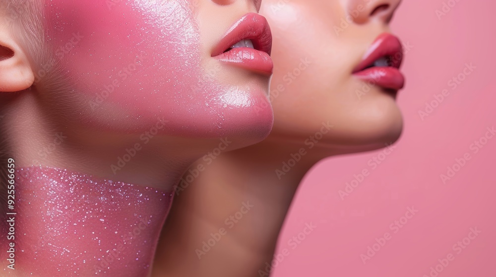 Close-up of two models showcasing glossy pink lip looks with shimmering skin against a vibrant pink background Close-up of two models showcasing glossy pink lip looks with shimmering skin against a vibrant pink background