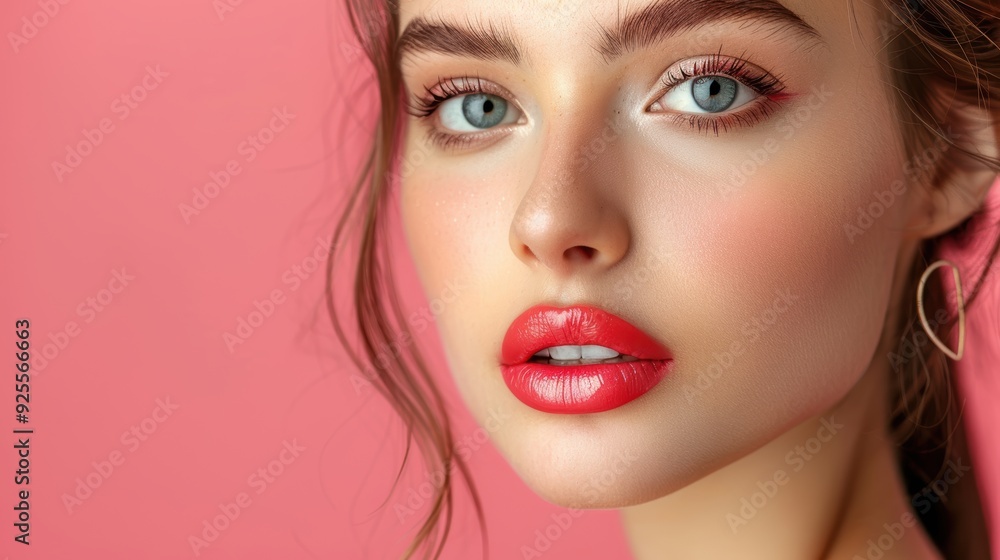 Young woman with vibrant red lips and blue eyes poses against a pink background Young woman with vibrant red lips and blue eyes poses against a pink background