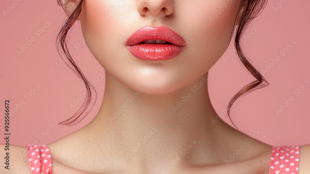 Close-up of a woman's lips and face against a pink background during a beauty shoot
