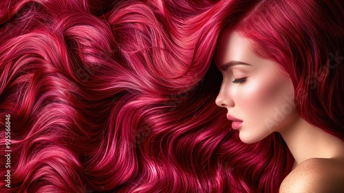 Woman with vibrant wavy red hair resting against flowing locks, showcasing stunning hair texture and color in a serene environment