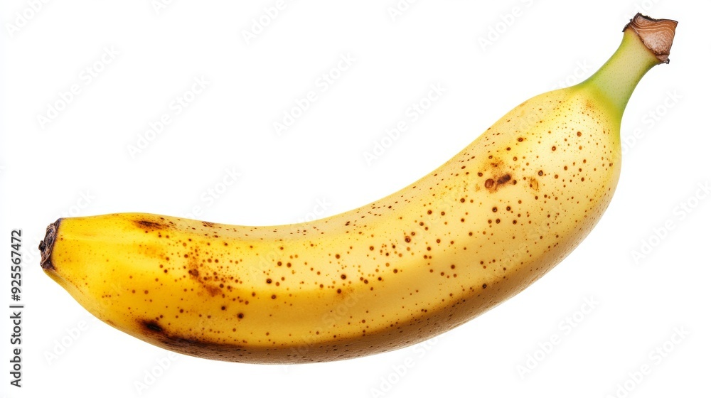 Ripe banana with brown spots isolated on a white background, showcasing its natural texture and vibrant yellow color Ripe banana with brown spots isolated on a white background, showcasing its natural texture and vibrant yellow color