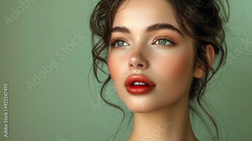 Portrait of a young woman with green eyes and soft makeup against a neutral background, captured during daylight