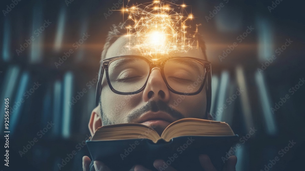Man with closed eyes holding a book, glowing neural network above his head symbolizing metacognition and knowledge
Man with closed eyes holding a book, glowing neural network above his head symbolizing metacognition and knowledge