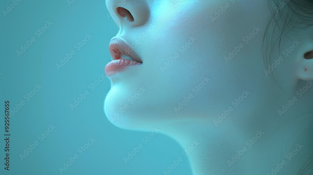 Close-up of a woman's profile with soft lighting in a serene blue hue Close-up of a woman's profile with soft lighting in a serene blue hue