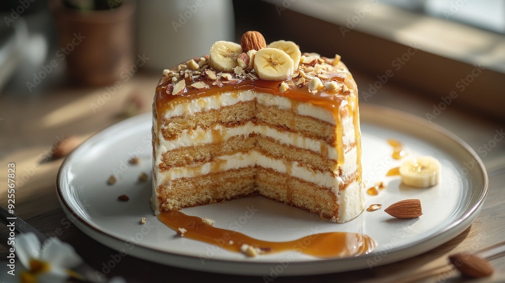 Delicious banana almond layer cake topped with caramel sauce and nuts, with a slice missing, served on a white plate in a cozy setting, showcasing its creamy layers and sweet, indulgent flavor Delicious banana almond layer cake topped with caramel sauce and nuts, with a slice missing, served on a white plate in a cozy setting, showcasing its creamy layers and sweet, indulgent flavor