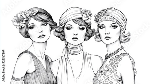 Three elegant women in 1920s flapper style, depicted in black outlines against a white background, wearing vintage headbands and dresses, exuding sophistication and glamour typical of Roaring Twenties