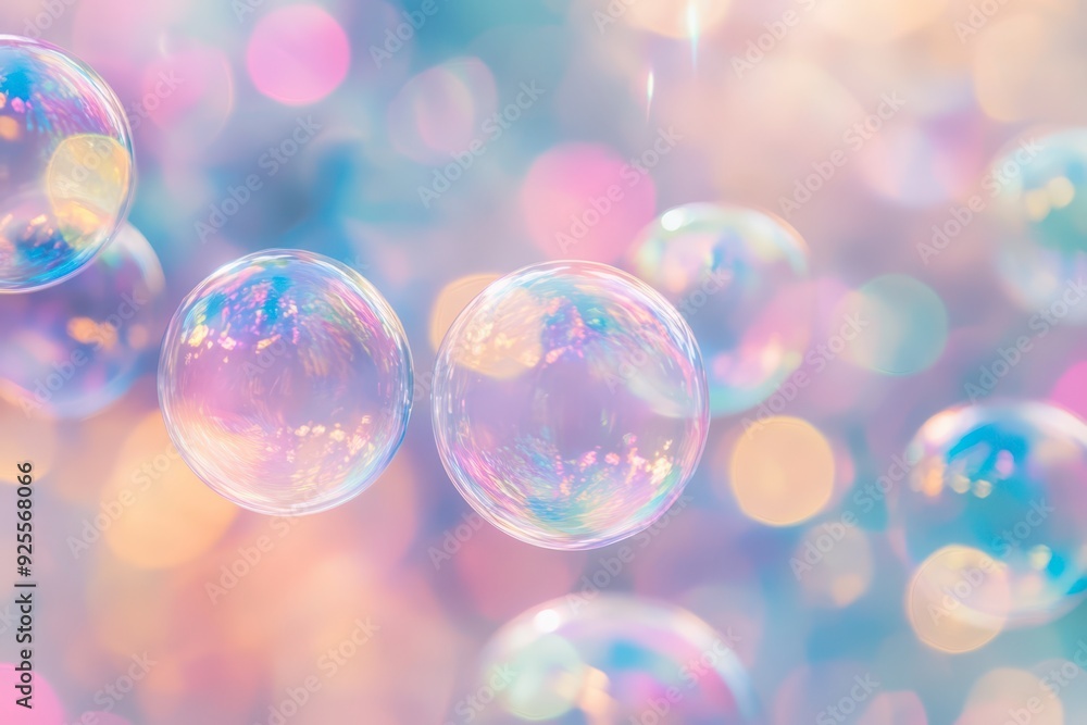 Colorful soap bubbles floating against a blurred soft background Colorful soap bubbles floating against a blurred soft background