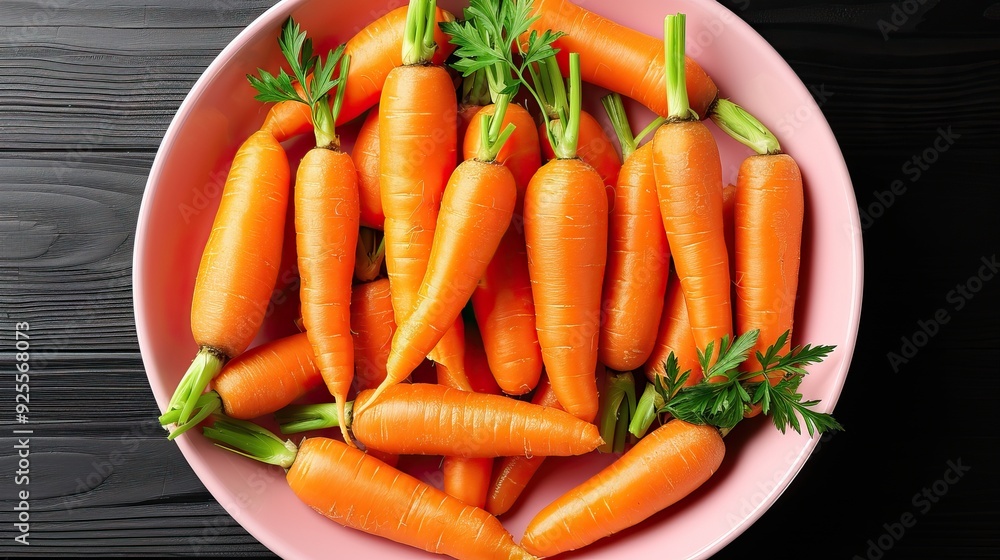 Fresh Organic Carrots with Green Tops in a Pink Bowl on Dark Wooden Background, Healthy Vegetable Harvest Fresh Organic Carrots with Green Tops in a Pink Bowl on Dark Wooden Background, Healthy Vegetable Harvest
