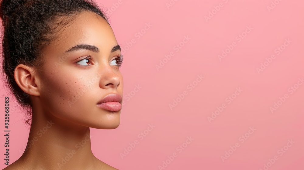 Portrait of a young woman with natural makeup against a pink backdrop, showcasing a thoughtful expression during a photoshoot Portrait of a young woman with natural makeup against a pink backdrop, showcasing a thoughtful expression during a photoshoot