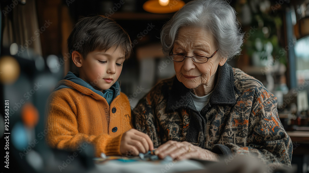 An elderly woman teaching her grandson how to sew, both of them enjoying the process and the time spent together. An elderly woman teaching her grandson how to sew, both of them enjoying the process and the time spent together.