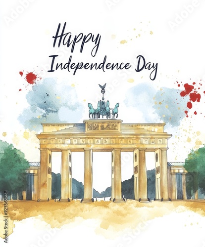Brandenburg Gate in Berlin with watercolor illustration celebrating Independence Day. Generative AI