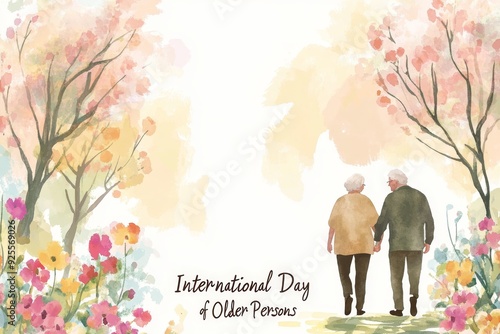 Elderly couple walking hand in hand through a floral landscape during International Day of Older Persons. Generative AI