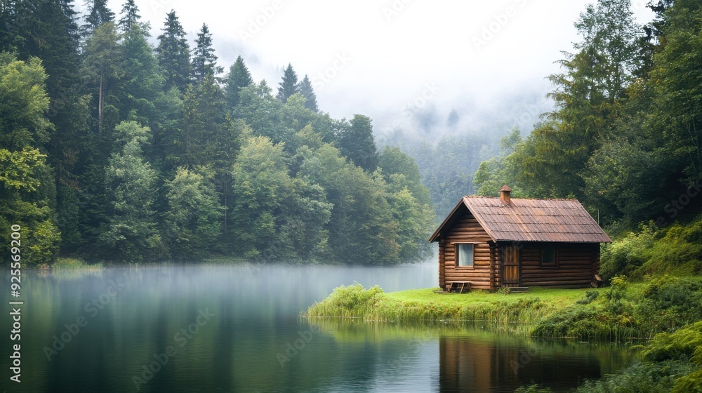 A cozy log cabin sits peacefully beside a misty lake, surrounded by lush trees, creating a serene atmosphere in the early morning light A cozy log cabin sits peacefully beside a misty lake, surrounded by lush trees, creating a serene atmosphere in the early morning light