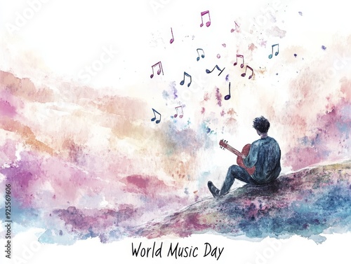 A musician celebrating World Music Day by playing guitar outdoors, surrounded by colorful notes in a vibrant sky. Generative AI