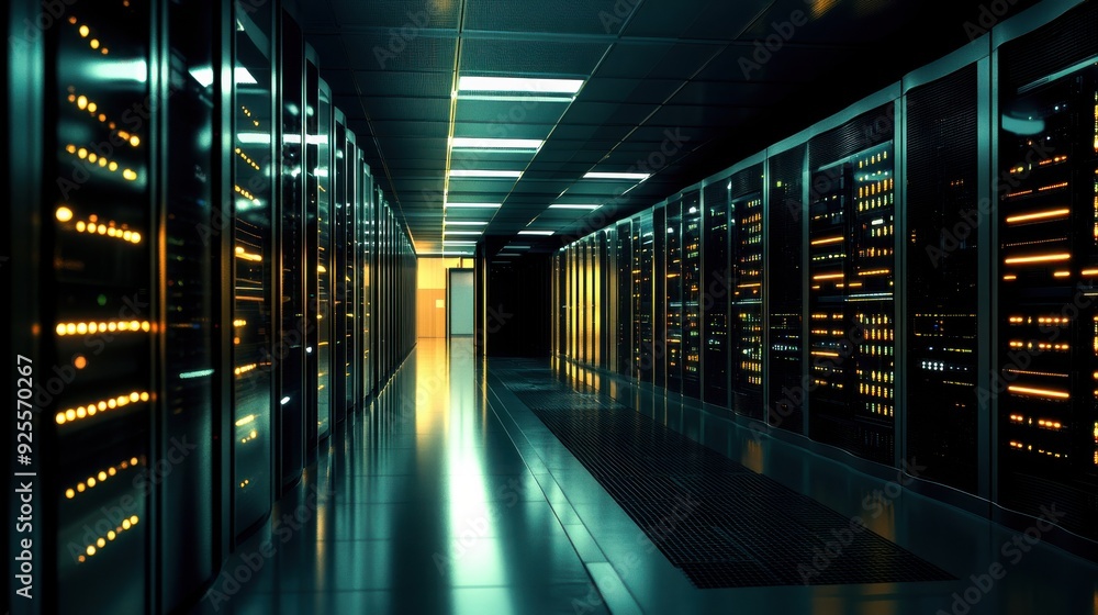 Glowing lights accentuate an expansive corridor filled with high-tech servers, creating a futuristic atmosphere in the bustling data center Glowing lights accentuate an expansive corridor filled with high-tech servers, creating a futuristic atmosphere in the bustling data center
