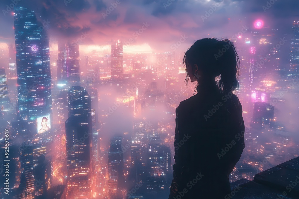 retrofuturistic cityscape anime girl silhouette against neonlit skyscrapers synthwave aesthetics vibrant purples and blues lofi ambiance cyberpunk elements retrofuturistic cityscape anime girl silhouette against neonlit skyscrapers synthwave aesthetics vibrant purples and blues lofi ambiance cyberpunk elements