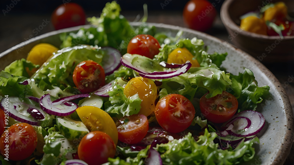 A fresh, healthy salad with a variety of colorful vegetables and a drizzle of dressing, hd A fresh, healthy salad with a variety of colorful vegetables and a drizzle of dressing, hd