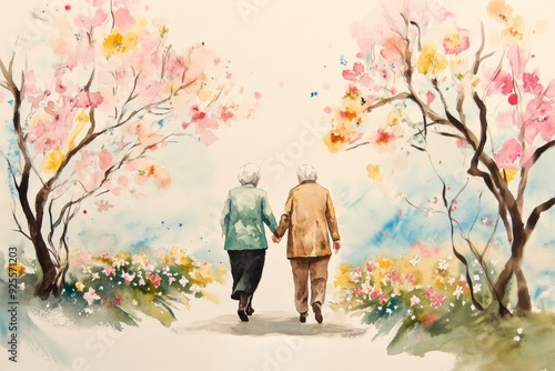 Elderly couple walking hand in hand through a blooming cherry blossom pathway on a warm spring day. Generative AI