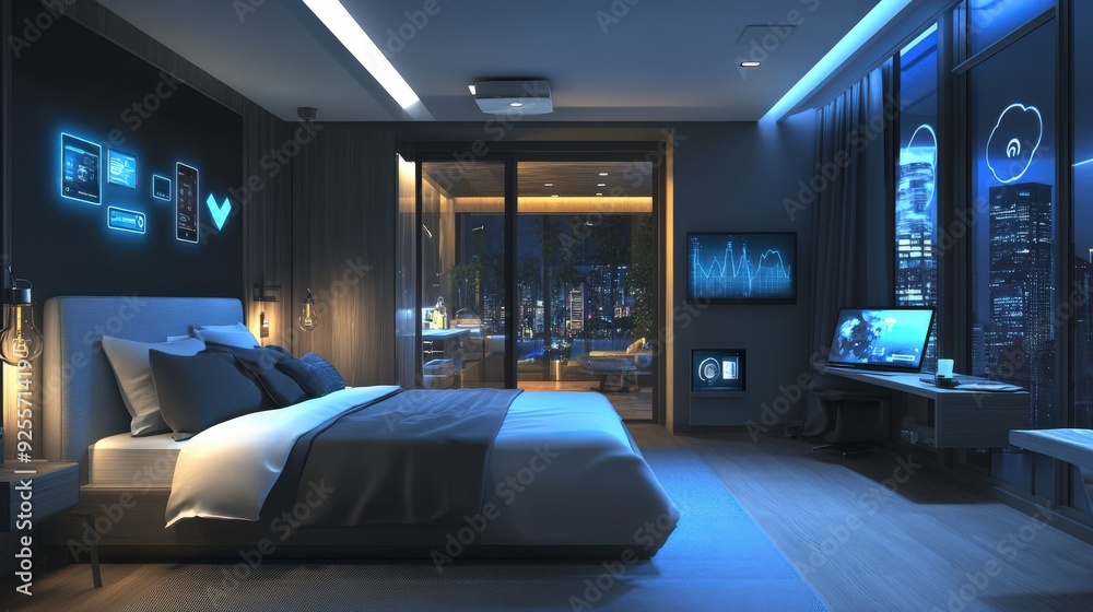 Naklejka premium A 3D rendering of an IoT-enabled smart bedroom with devices connected to a central hub.