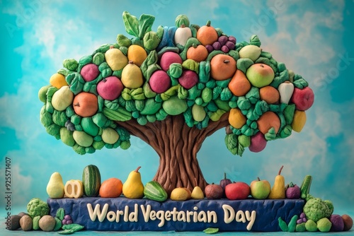 A vibrant tree filled with various fruits and vegetables celebrates World Vegetarian Day with colorful, detailed illustrations of fresh produce set against a blue backdrop. Generative AI