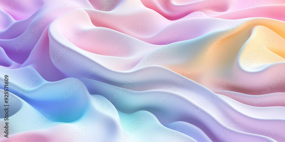Obraz premium Abstract 3d wavy smooth background. Rainbow pastel color palette. Liquid texture of waves and underflows