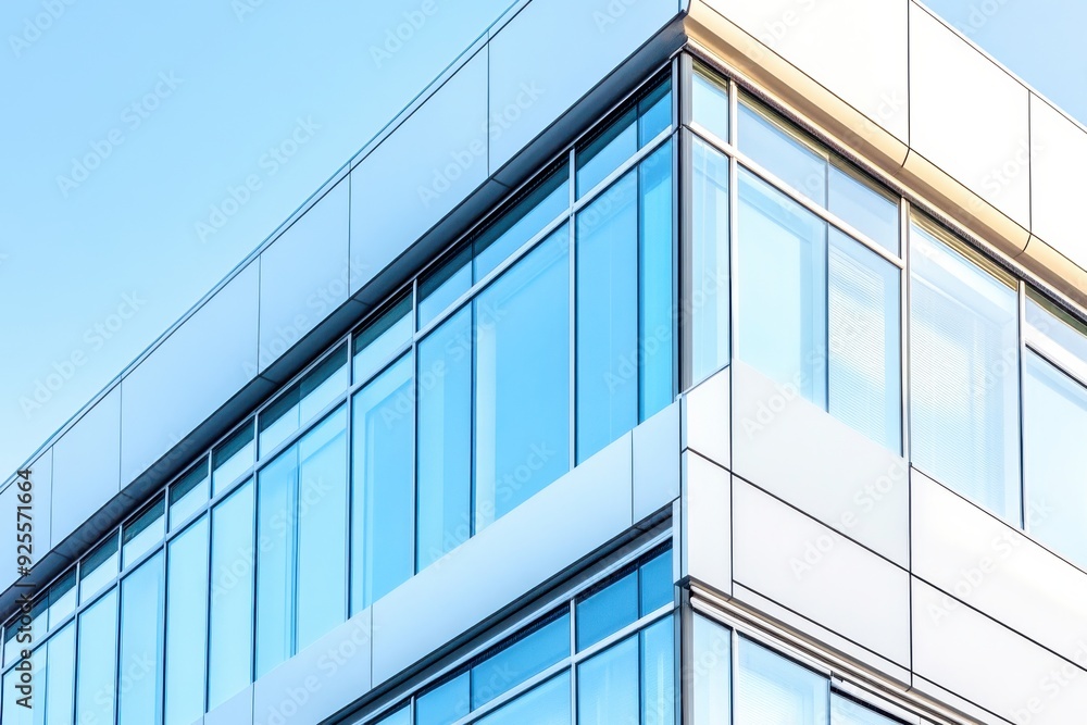 A striking building reflects sunlight, highlighting its angular structure and expansive glass panels against a bright, cloudless backdrop A striking building reflects sunlight, highlighting its angular structure and expansive glass panels against a bright, cloudless backdrop