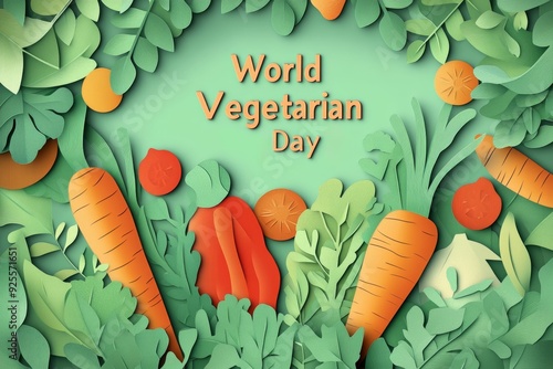 Colorful paper illustration celebrating World Vegetarian Day with vibrant vegetables, including carrots and leafy greens, surrounded by fresh foliage. Generative AI