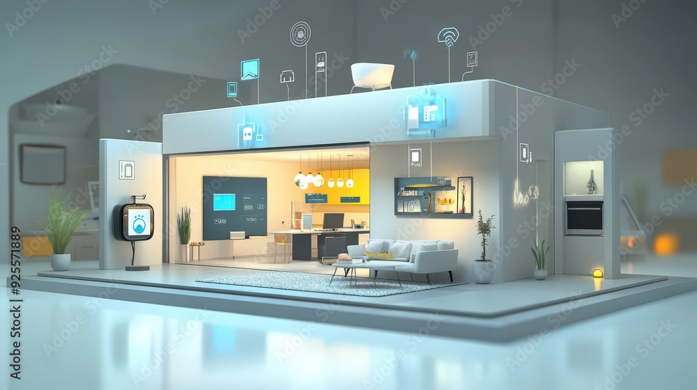 A 3D rendering of an IoT-enabled smart home with devices connected to a central hub. A 3D rendering of an IoT-enabled smart home with devices connected to a central hub.
