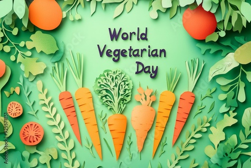 Colorful paper illustration celebrating World Vegetarian Day with vibrant vegetables, including carrots and leafy greens, surrounded by fresh foliage. Generative AI